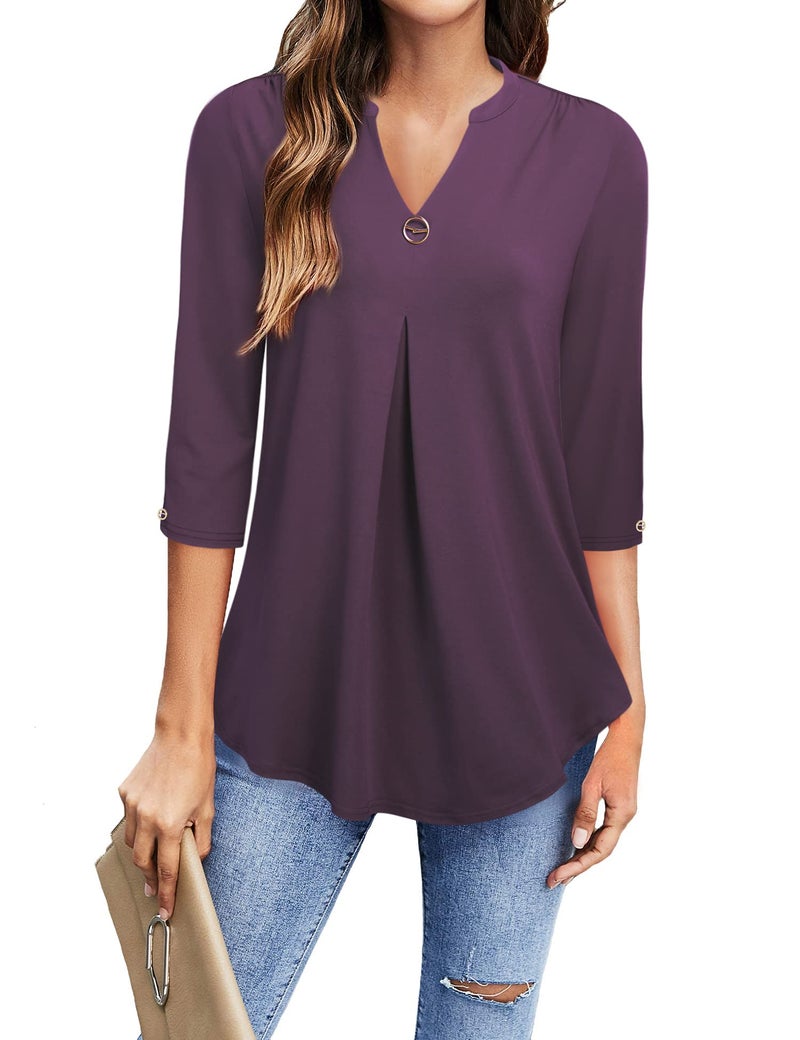 VALOLIA Women's 3/4 Sleeve Blouses for Business Casual & Fall - Flattering Tummy Control Tunic Tops - Dressy Dark Purple X-Large - Image 1